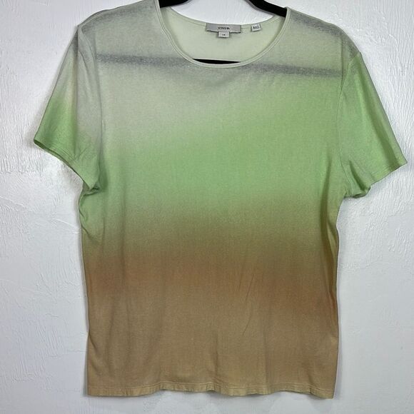 Vince Cotton Ombré Gradient Green Tan Short Sleeve Top Size L - Picture 2 of 8